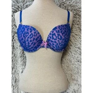 Victoria's Secret Very Sexy Mesh‎ Blue Pink Cheetah Padded 32DD Underwire Bow